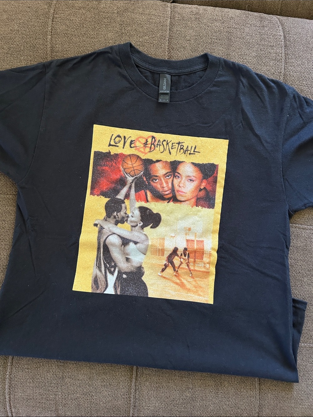 Gildan Black Tee with Yellow 'Love & Basketball' Graphic